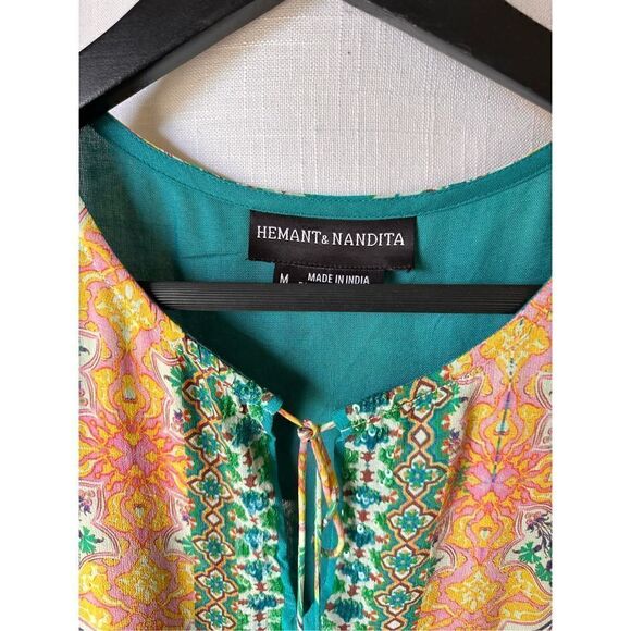 HEMANT AND NANDITA Ruffle Shift Dress in Blue Vintage Tile - Picture 3 of 8